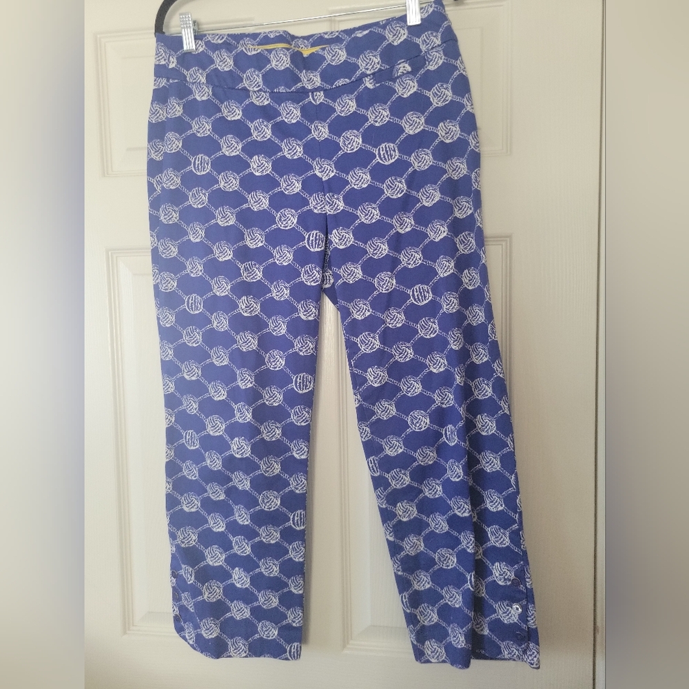 Lilly Pulitzer Womens 10 Ankle Cropped Pants Royal Blue White Yarn Ball Print